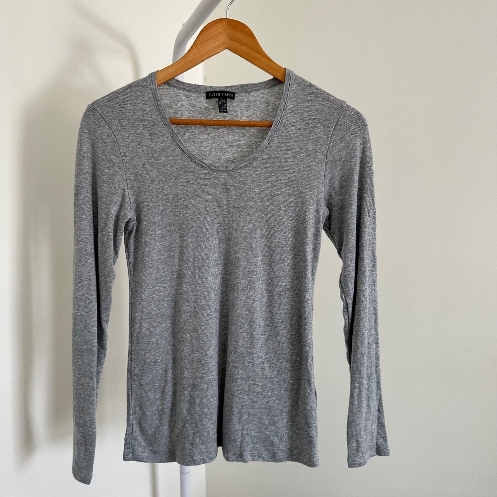 Eileen Fisher Grey Scoop Neck Long Sleeve Top Tencel Lyocell Ribbed Knit Size XS